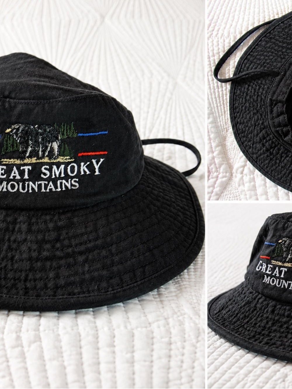 Great Smoky Mountains Black Embroidered Bucket Hat - Outdoor Cotton
